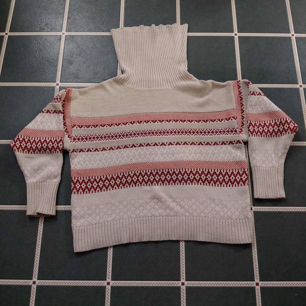 FRYE AND CO. Cream Turtleneck Sweater with Rust Fair Isle Stripes